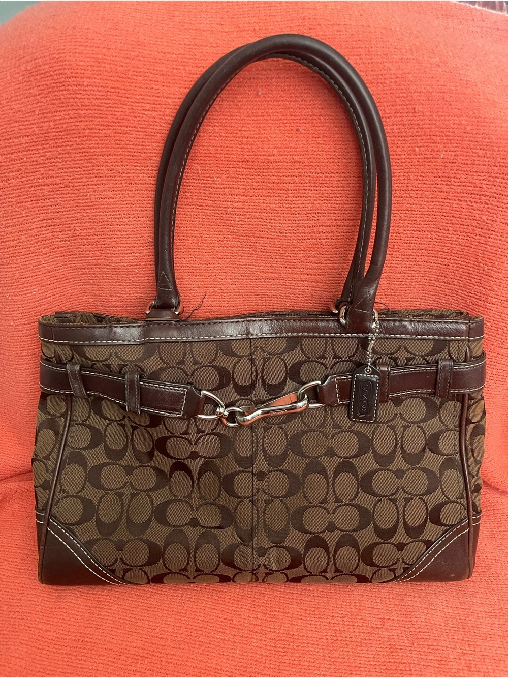 Coach Brown Signature Canvas Shoulder Bag with Dark Brown Leather Trim